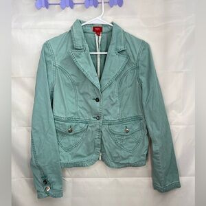 NWOT Mossimo women’s blue green double button collar pocket‎ denim jacket casual